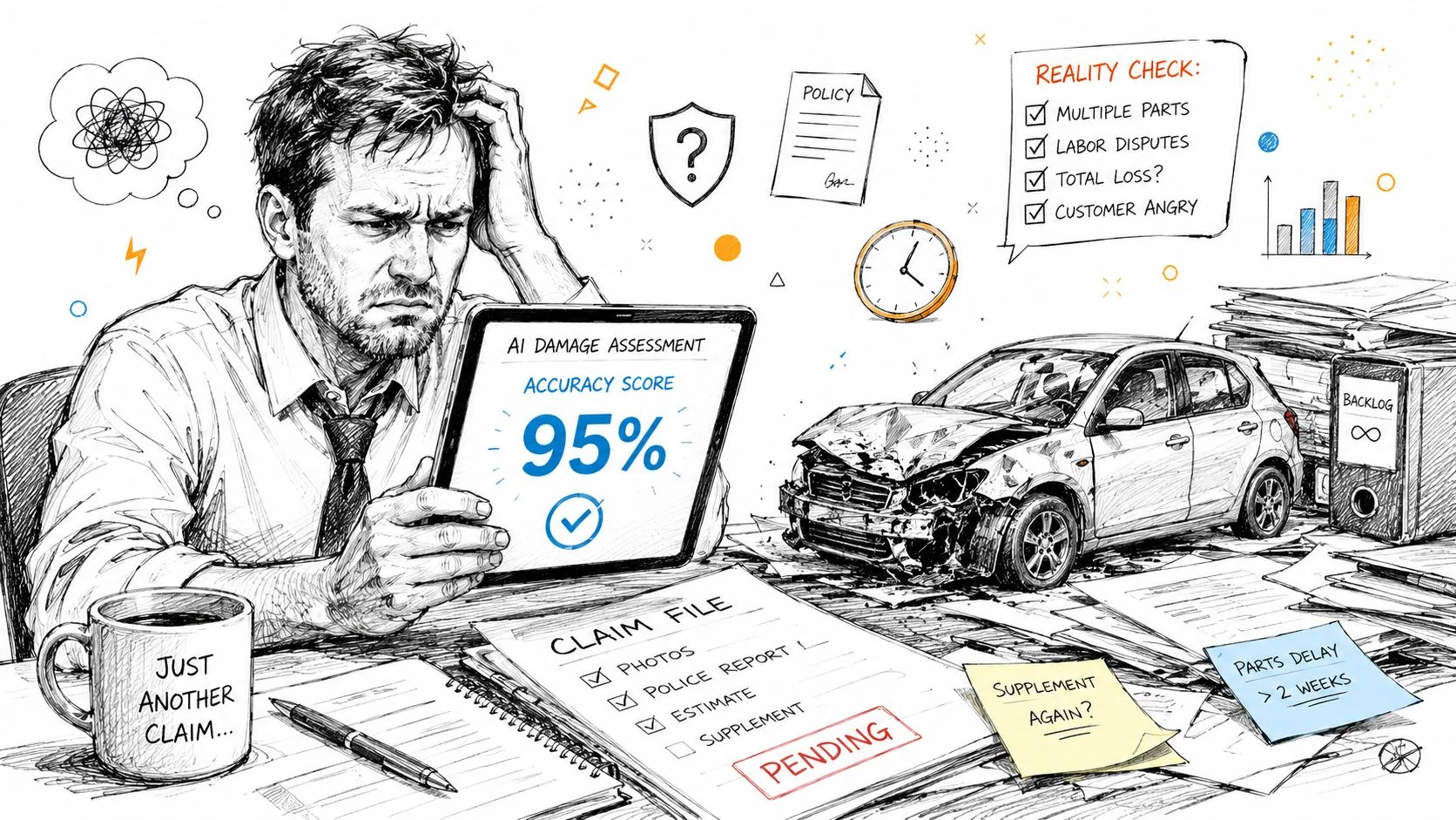 A stressed insurance adjuster reviews an AI car damage assessment on a tablet amidst paperwork and delays.