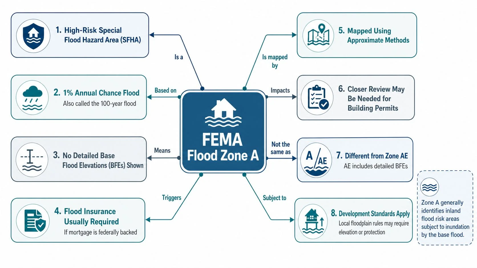 A diagram explaining key characteristics and requirements of FEMA Flood Zone A for property owners.