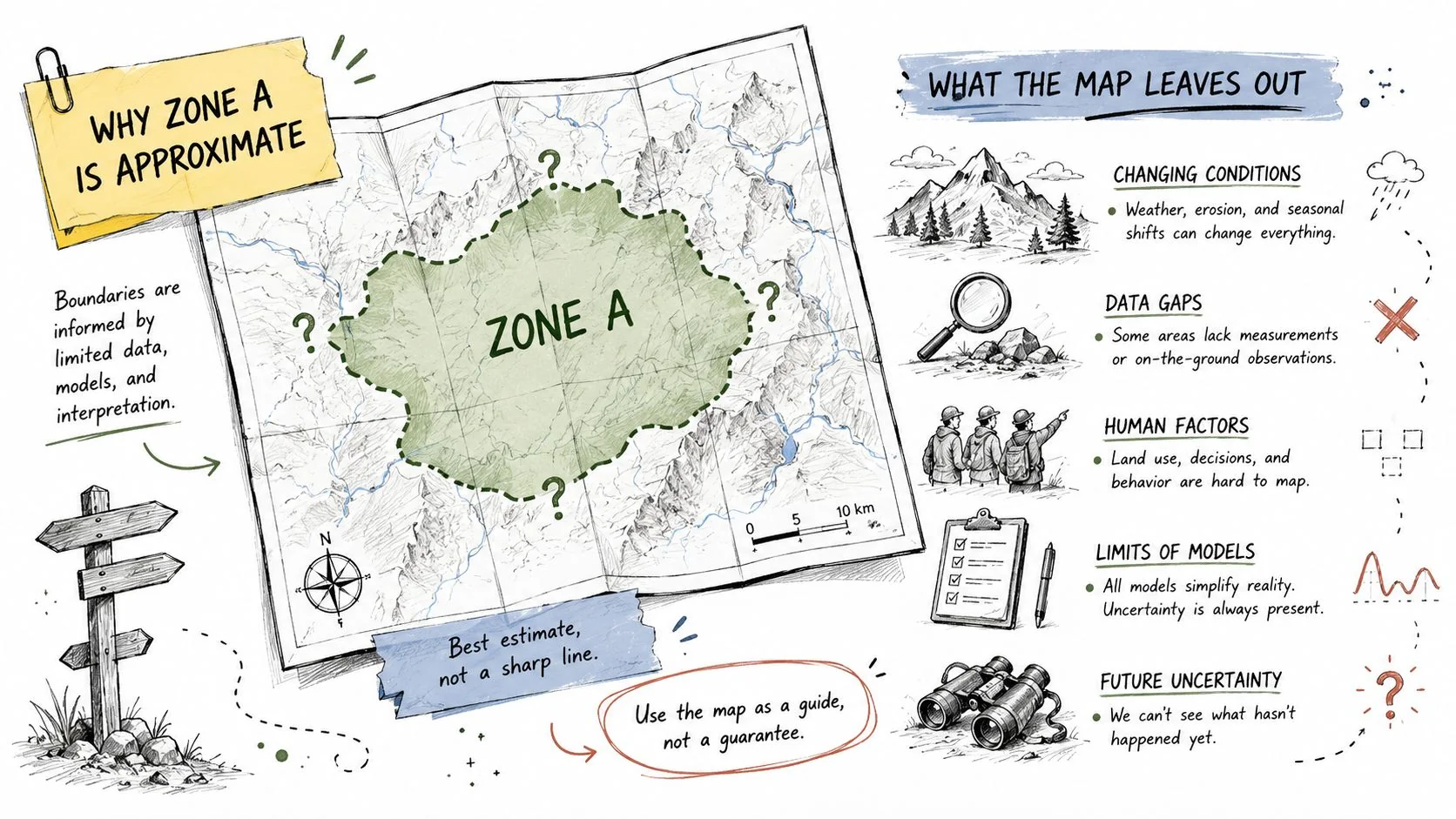 An infographic explaining why Zone A on maps represents an approximation, highlighting uncertainties and limitations of data.