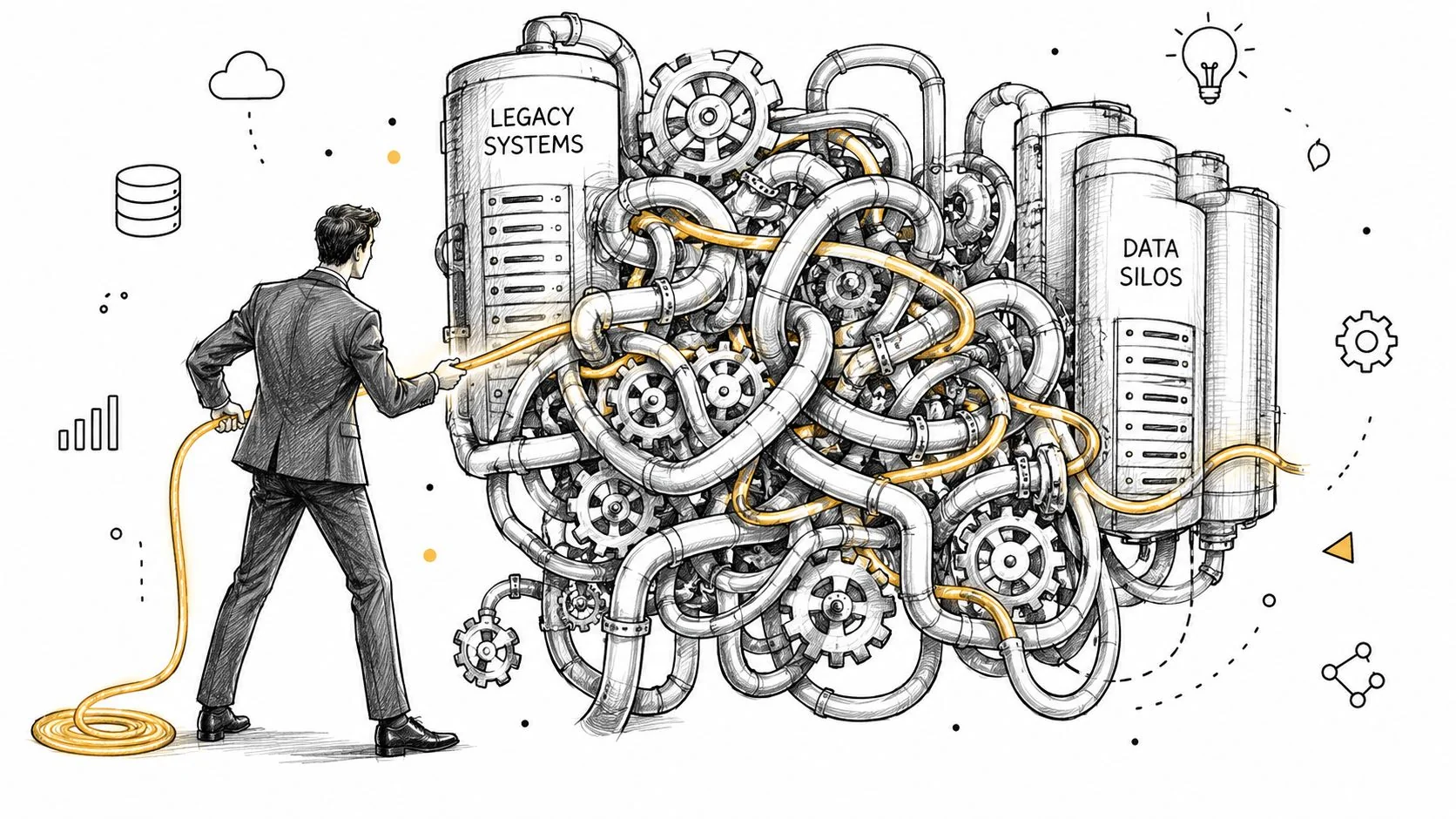 A businessman pulling a glowing cable through a complex web of gears and pipes labeled as legacy systems.