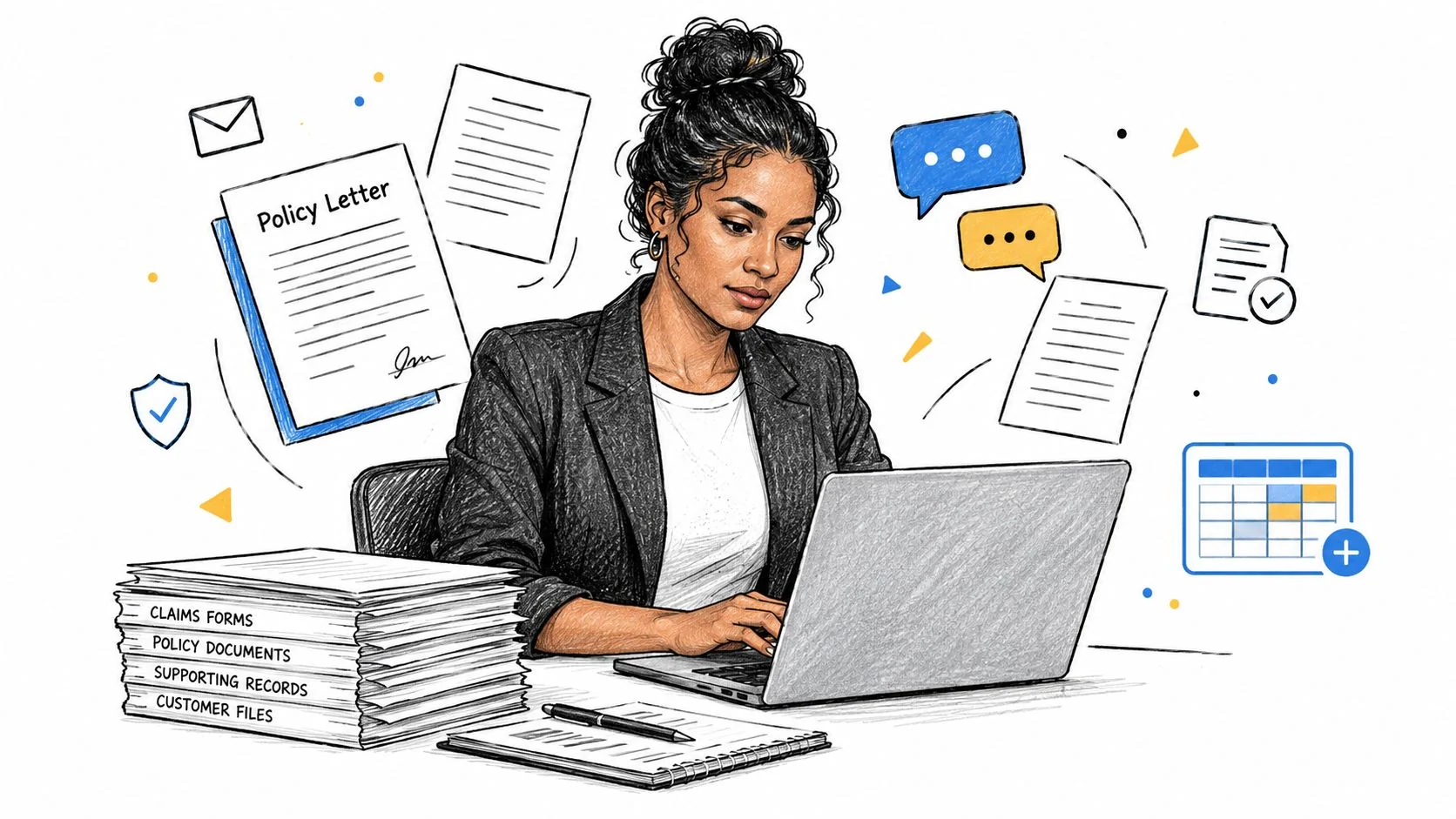 A professional woman working at a laptop surrounded by insurance documents, claims forms, and digital communication icons.