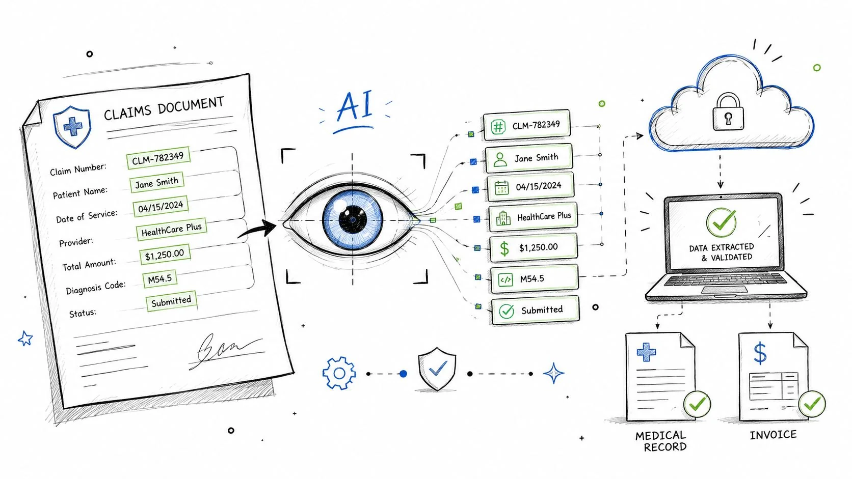 A hand-drawn illustration showing an AI system extracting data from a medical insurance claim document.