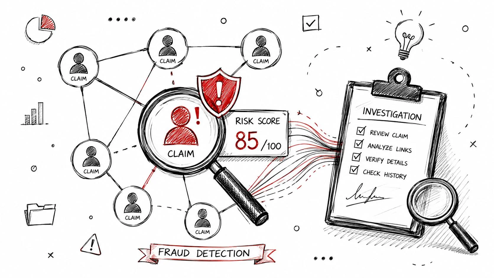 A hand-drawn illustration showing a fraud detection process with connected insurance claims and risk score analysis.