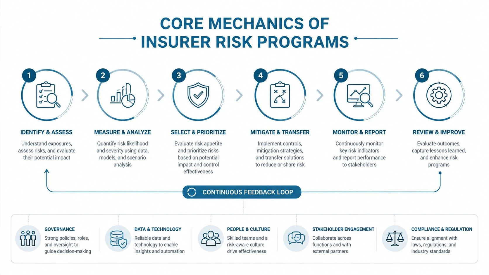 A diagram outlining the six steps of core mechanics for insurance company risk management programs.