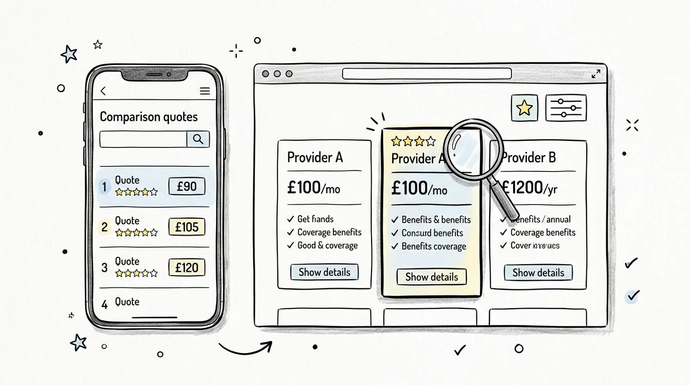 A sketched illustration showing a mobile phone and a desktop interface comparing insurance service provider price quotes.