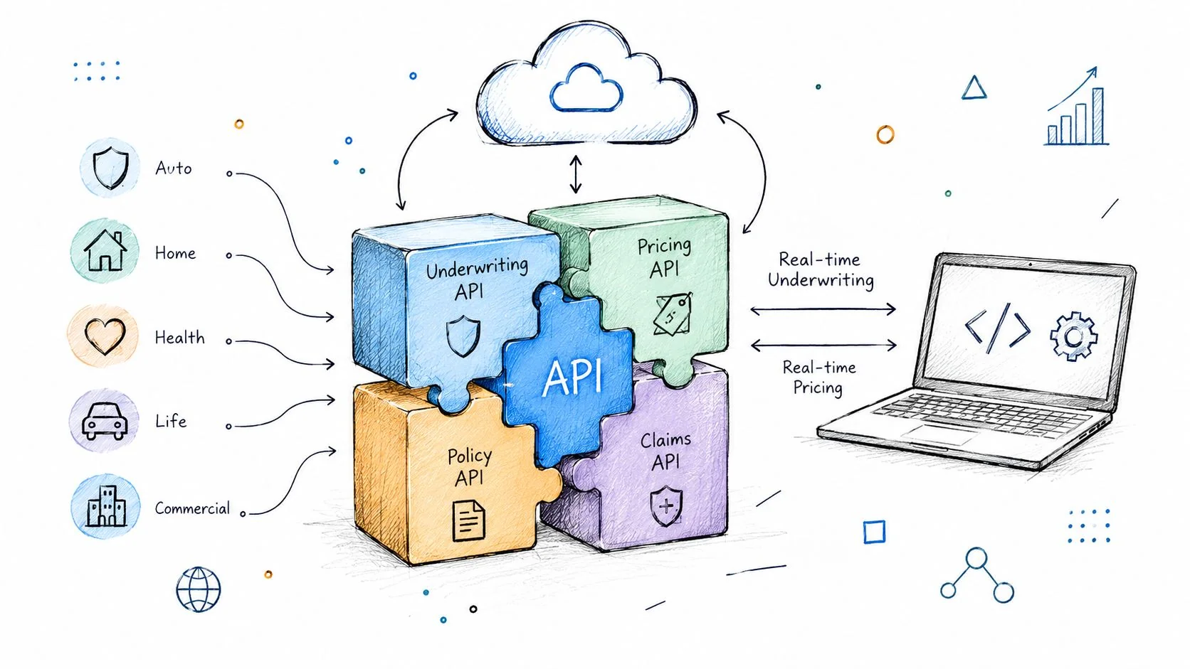 A hand-drawn illustration showing insurance API integrations connecting business sectors to cloud computing and real-time developer tools.