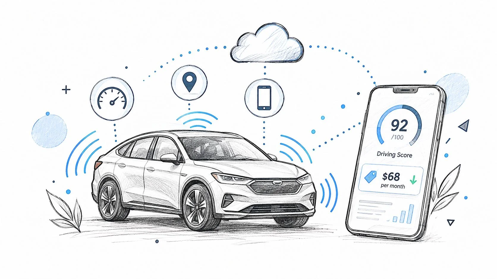 A conceptual sketch illustrating usage-based vehicle insurance connectivity between a car, cloud data, and a mobile phone app.