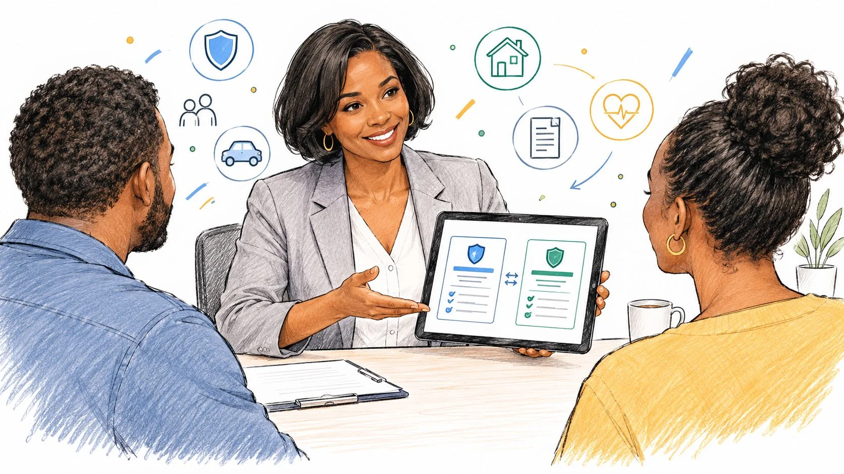 A professional financial advisor explains insurance policy options to a couple while holding a digital tablet.