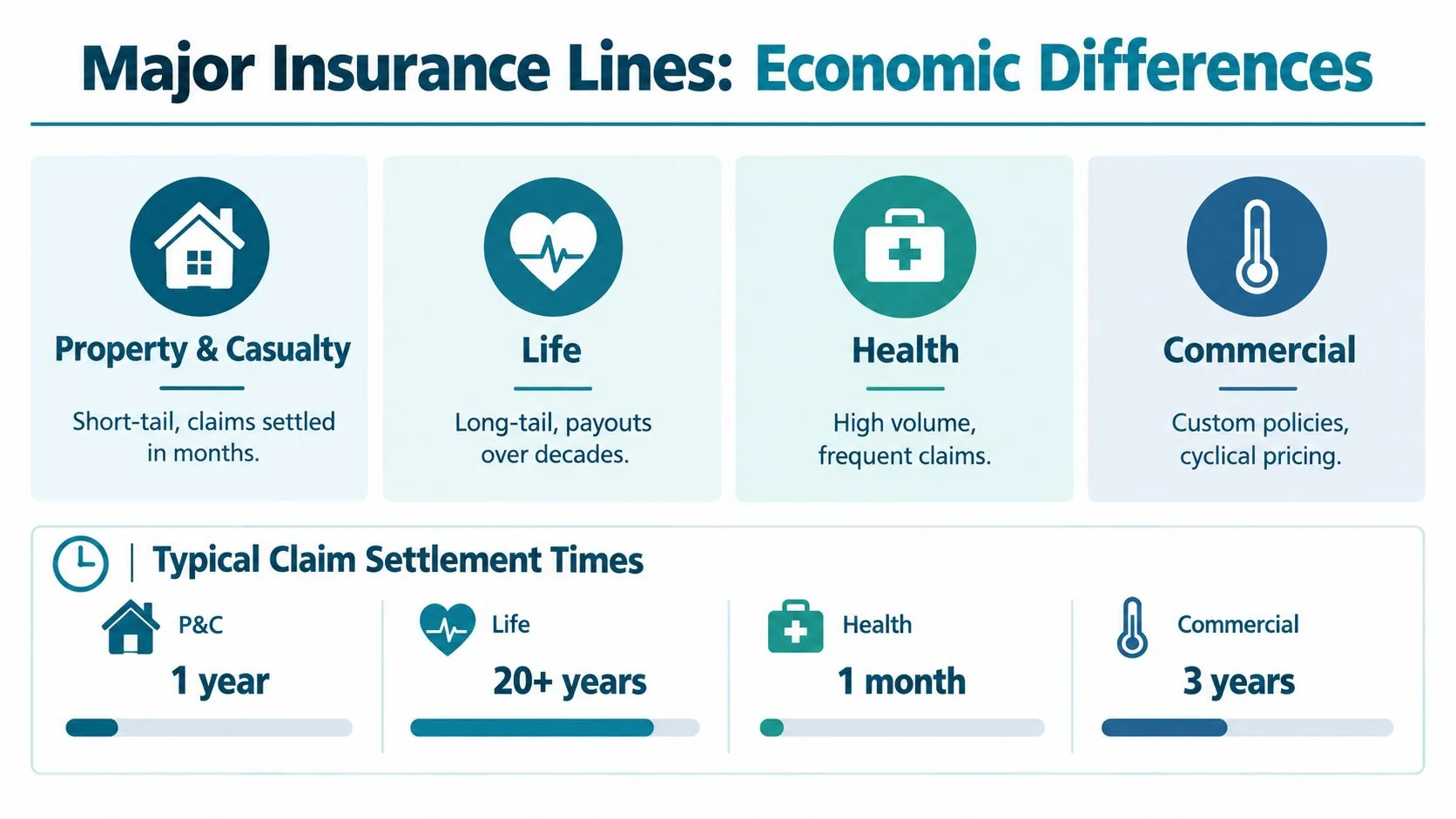 An infographic comparing economic differences and typical claim settlement times across four major insurance lines of business.