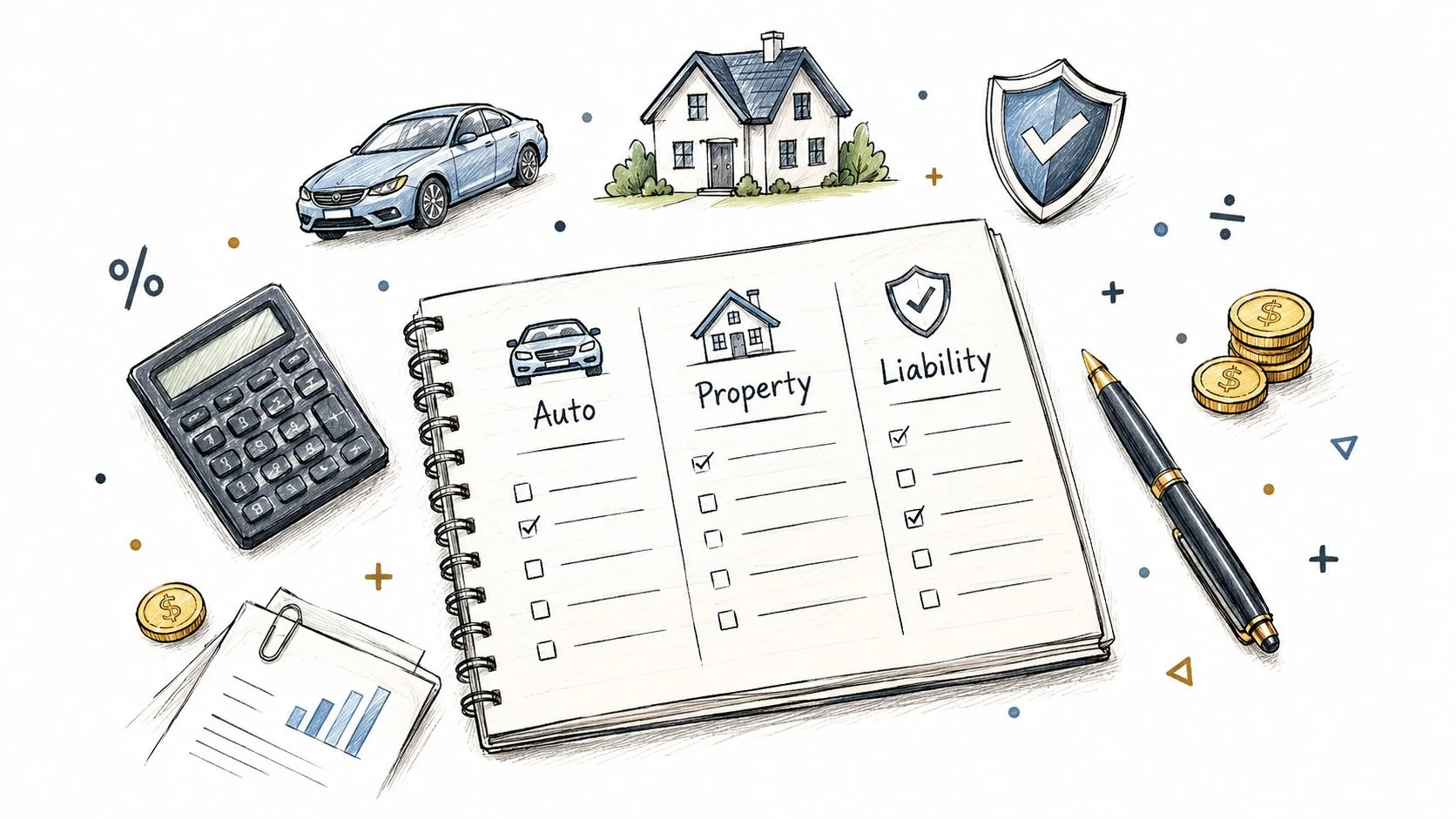 A hand-drawn illustration showing a notebook with checklists for auto, property, and liability insurance coverage.