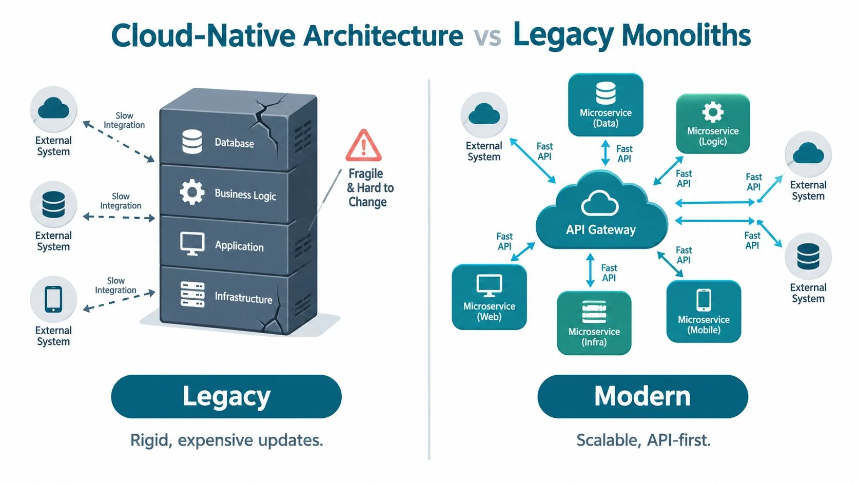 A comparison infographic showing a rigid legacy monolithic architecture versus a flexible, scalable, and modern cloud-native microservices architecture.