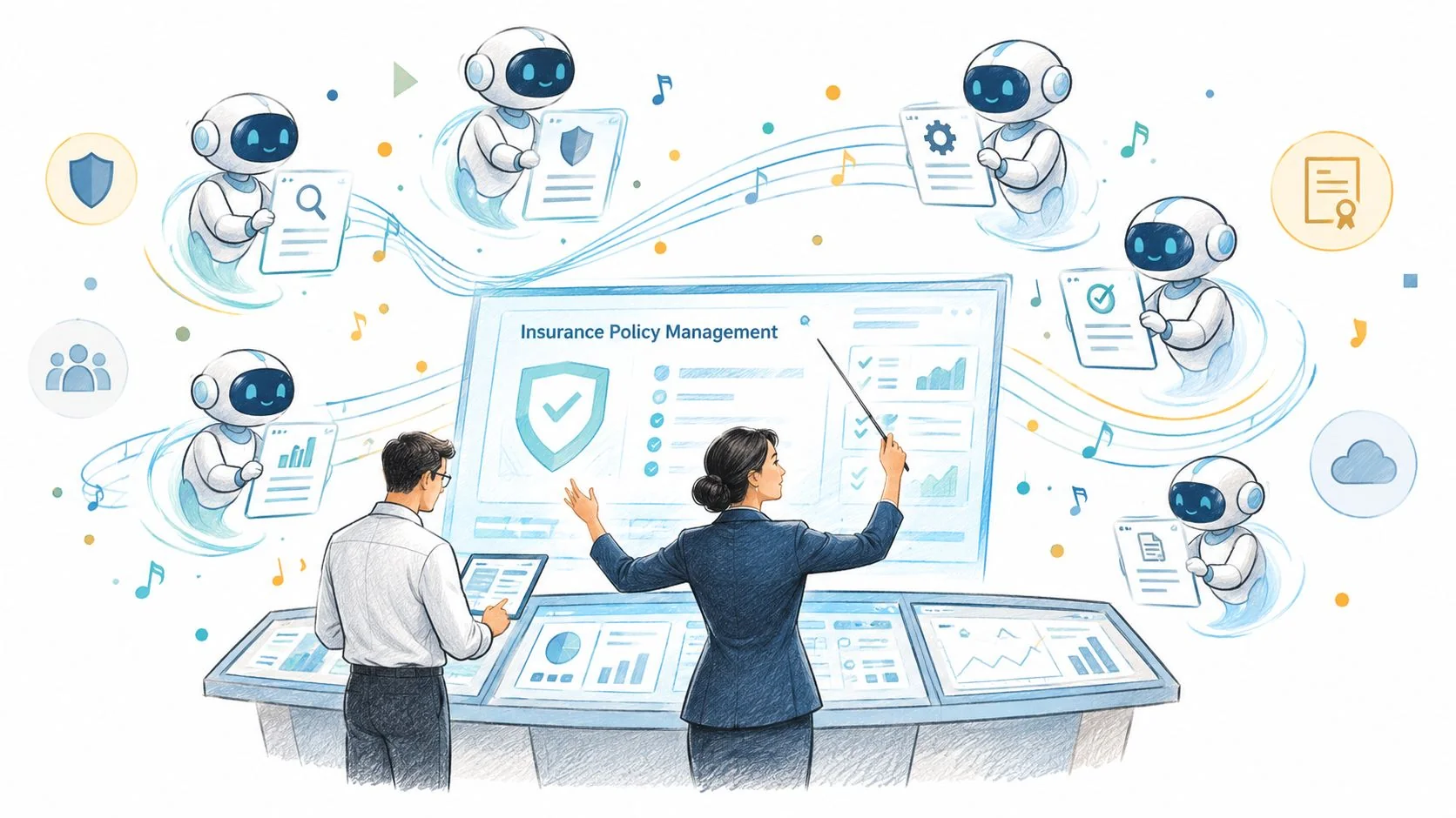 Professionals managing insurance policy systems using advanced digital dashboards and AI robot assistants in a digital workplace.