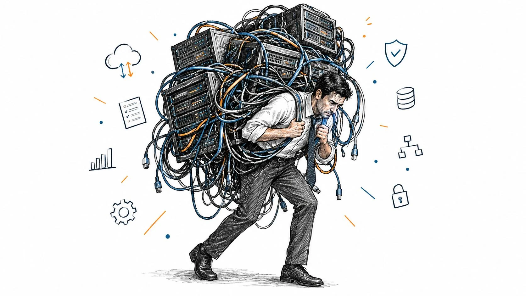 A stressed businessman struggling to carry a heavy pile of server hardware and messy ethernet cables.