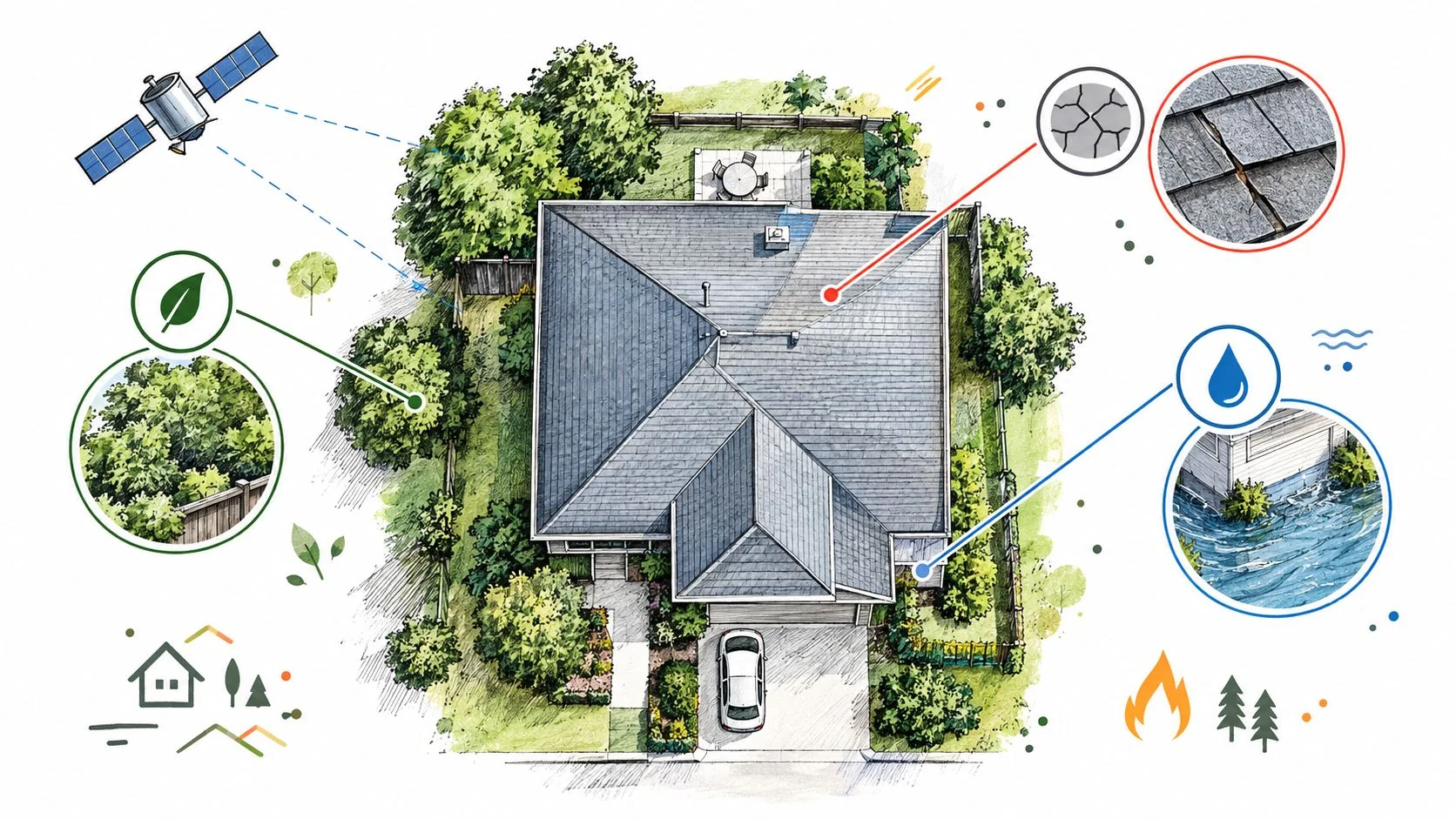 A digital illustration showing a satellite monitoring a home for roof damage, flood risks, and vegetation health.
