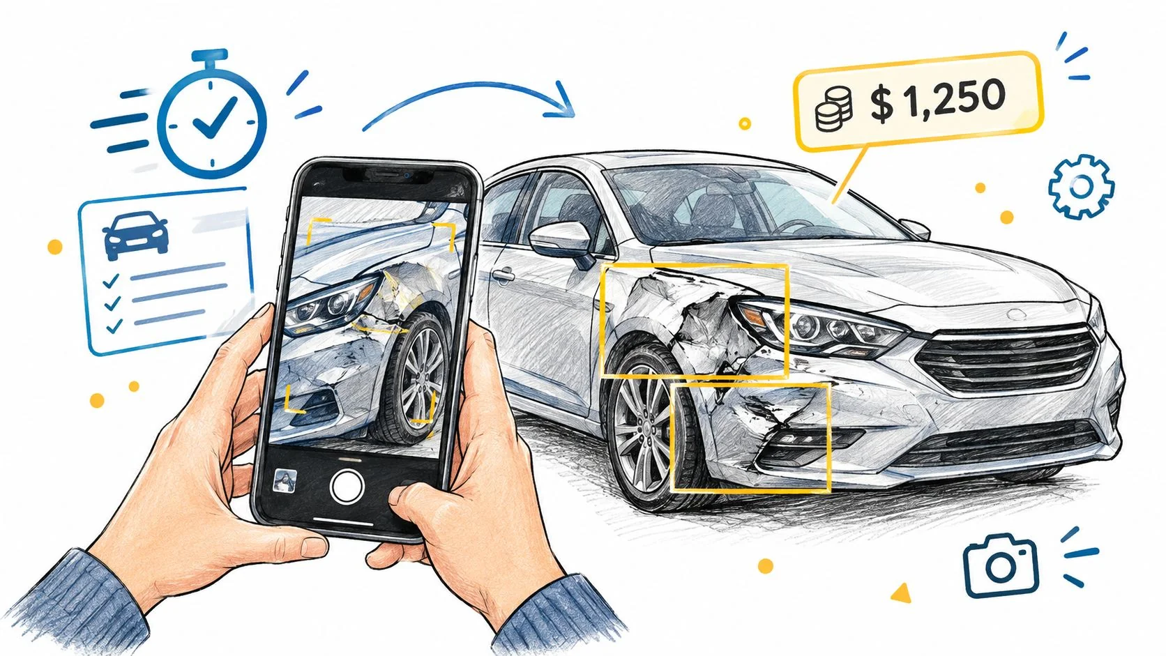 A person using a smartphone to scan a damaged car for an insurance claim assessment estimate.