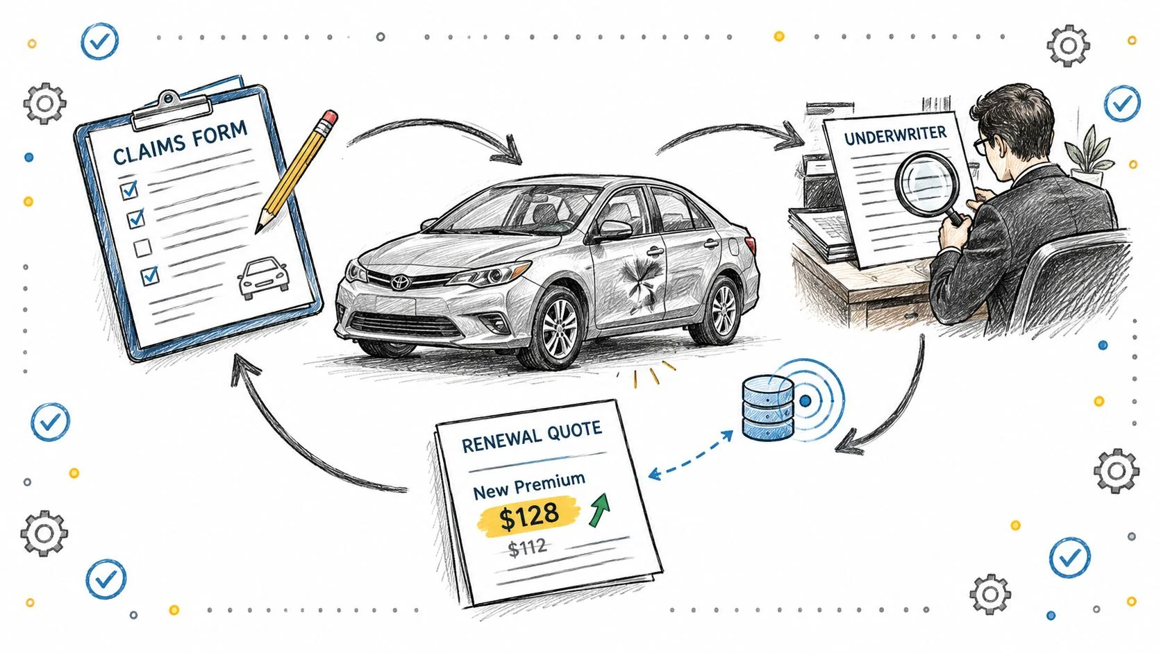 A hand-drawn illustration showing the car insurance policy life cycle, from claims forms to underwriter review and renewal.