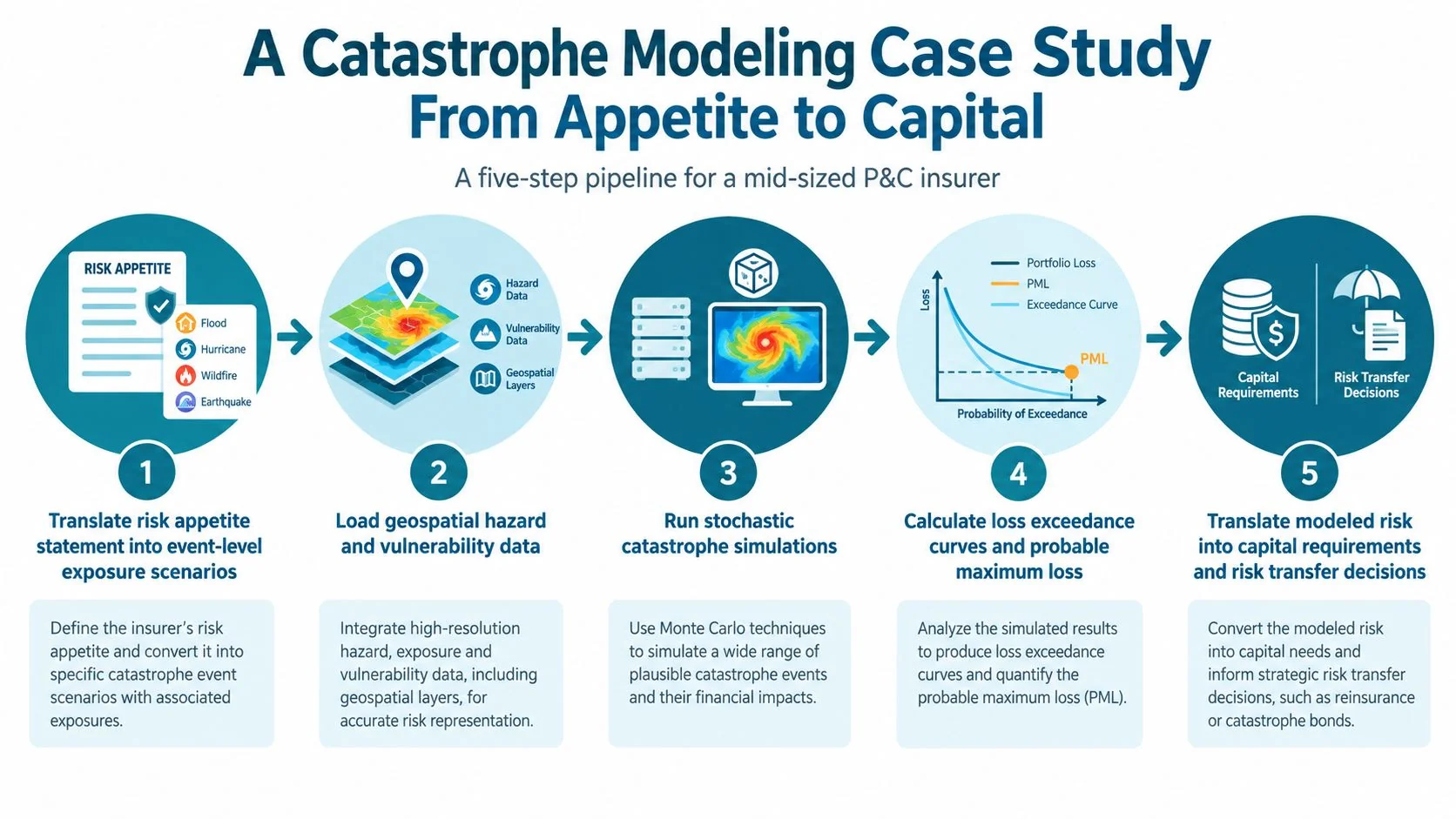 A five-step infographic showing the catastrophe modeling process for insurance companies from appetite to capital requirements.