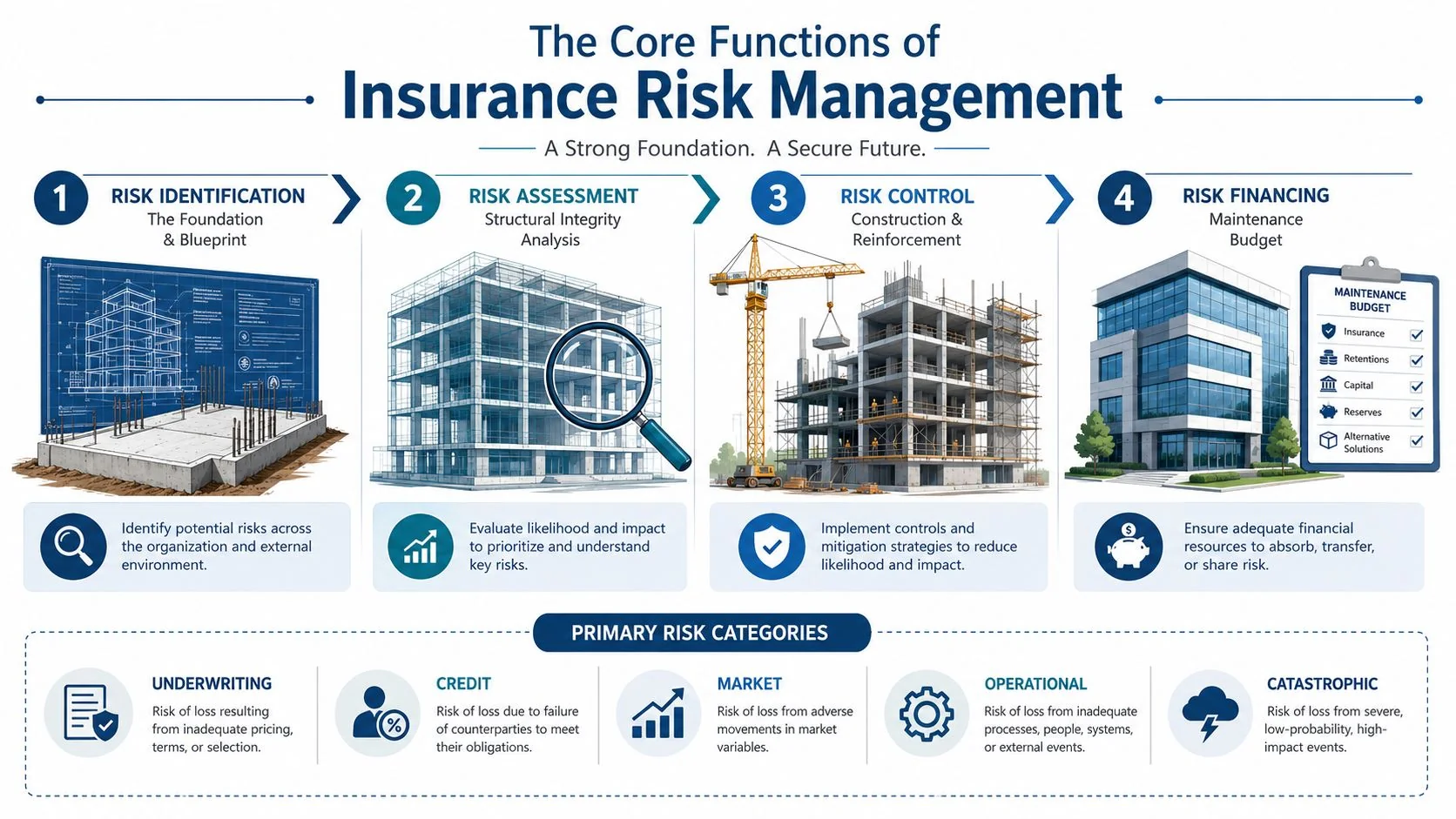 A diagram illustrating the four core functions of insurance risk management, including identification, assessment, control, and financing.