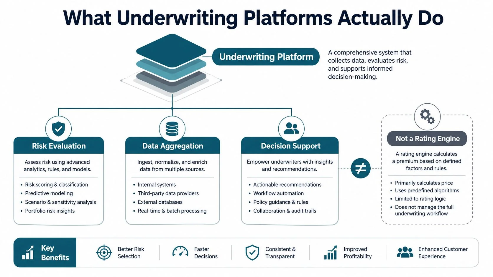 A diagram illustrating the core functions of insurance underwriting platforms including risk evaluation, data aggregation, and decision support.